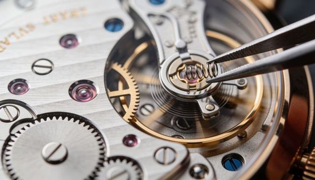 Macro watch movement repair holding tweezers gripping hairspring and balance wheel
