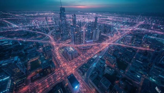 Futuristic cityscape with glowing light trails at dusk