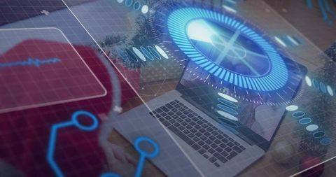 Multigenerational women collaborating and typing on laptop with holographic digital interface