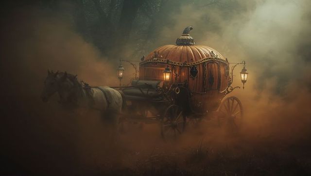 Enchanted pumpkin carriage in misty fantasy forest