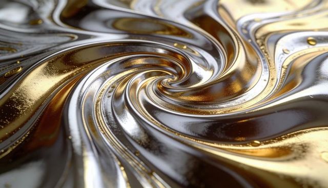 Liquid gold silver swirl vortex, shimmering metallic ribbons, abstract luxury texture