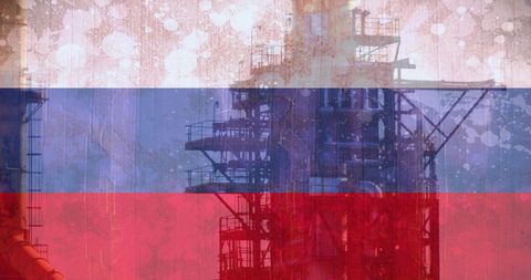 Russian flag overlay on oil rig symbolizing geopolitical tensions