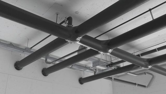 Black insulated overhead piping forming x-cross on concrete ceiling with cable trays