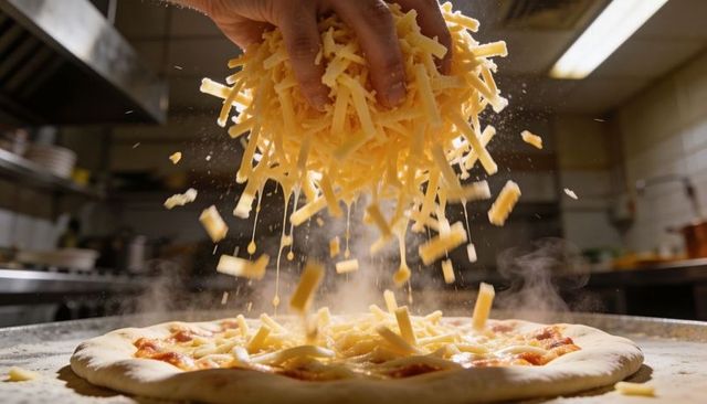 Bare hand sprinkling shredded cheddar over pizza dough in commercial kitchen