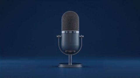 Press release retro-style condenser microphone with metal stand on blue background