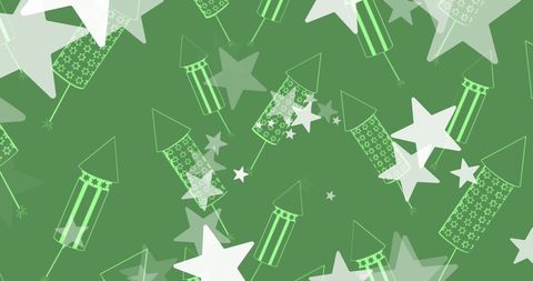 Green Background with White Stars and Firework Rockets