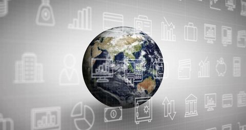 Global Economy Concept with Revolving Earth and Digital Icons - Download Free Stock Images Pikwizard.com