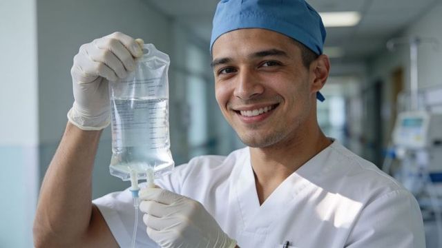 Smiling nurse holding iv bag preparing infusion wearing gloves and surgical cap in hospital