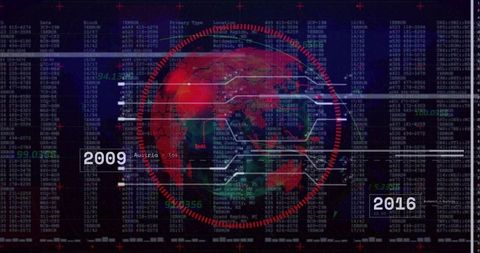 Displaying stylized red global data visualization dashboard with timeline 2009-2016