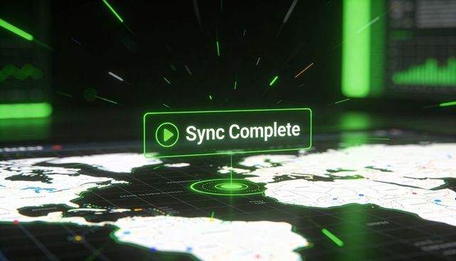 Holographic Sync Complete Notification Hovering Over World Map Neon Green Target Marker