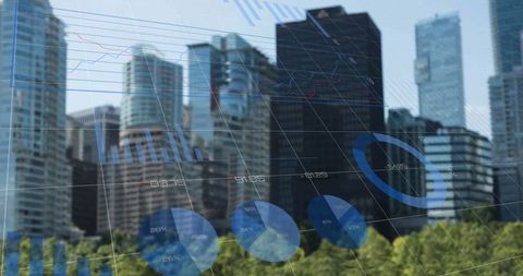 Financial analytics and data overmodern urban cityscape