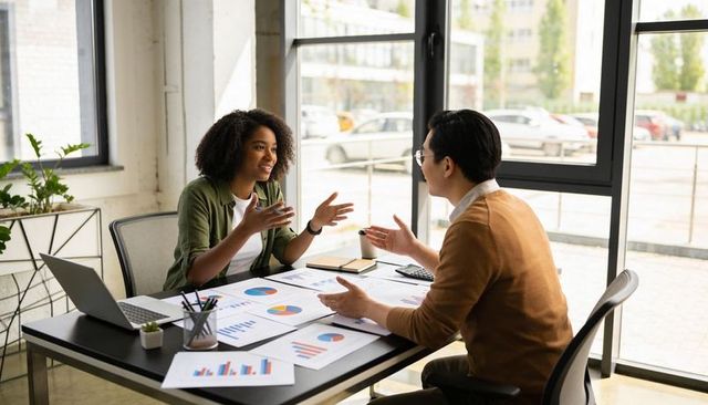 Colleagues discussing charts and metrics at modern sunlit office meeting table
