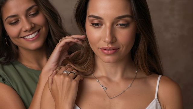 Intimate moment friend adjusting silver necklace and rings on closeup portrait of 2 women