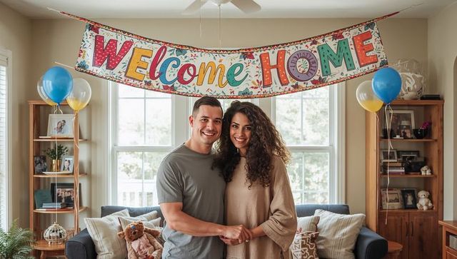 Couple embracing under colorful welcome home banner celebrating move-in day