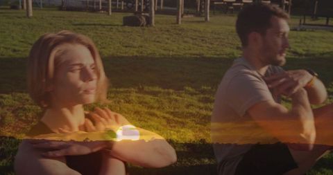 Friends Practicing Mindful Exercises Outdoors Tranquil Atmosphere