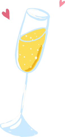 Transparent elegant champagne flute with bubbly drink and hearts