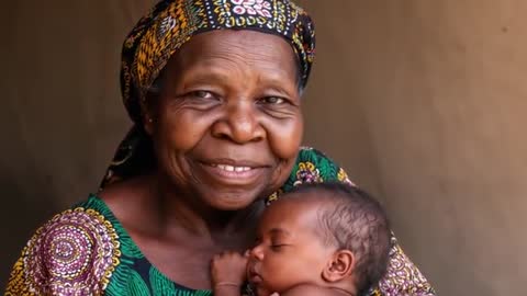 Grandmother Smiling and Cradling Sleeping Infant in Colorful Headscarf, Tender Bond