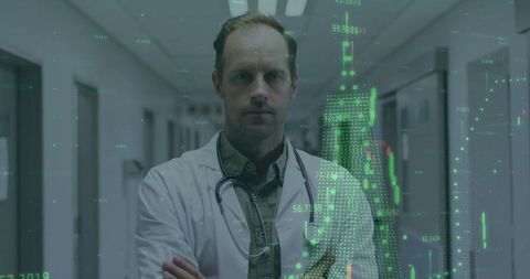 Doctor Analyzing Data with Graphic Overlay in Hospital Corridor