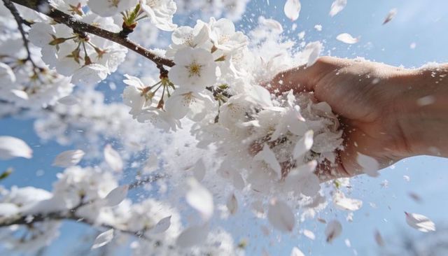 Grasping Hand Releasing Cherry Blossom Cluster, Petals Scattering Across Spring Sky