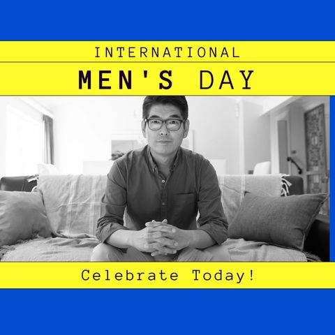 International men's day celebration with asian man on sofa