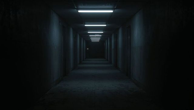 Receding Dark Industrial Basement Corridor with Fluorescent Lights and Vanishing Point