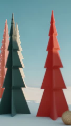 Vertical festive panning across minimalist snowy field with stylized trees and gold bauble