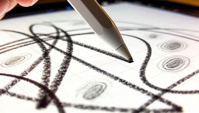 White digital stylus tracing charcoal strokes on backlit grid tablet macro close-up