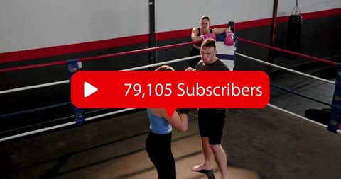 Boxing ring sparring training with coach guiding pair and subscriber overlay for fitness channel