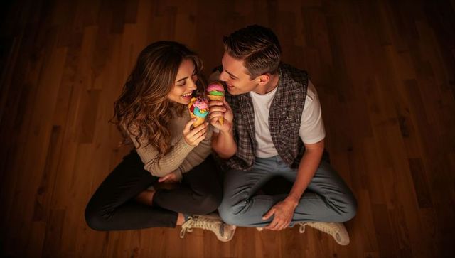 Couple sharing colorful ice cream cones sitting on wooden floor cozy intimate moment