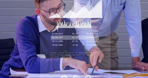 Business Team Pointing at Blueprint and Analyzing Data with Charts Overlay