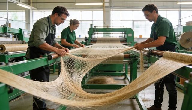 Technicians aligning natural fiber on industrial loom in textile mill