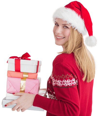 Smiling Woman in Santa Hat Holding Christmas Gifts Transparent PNG