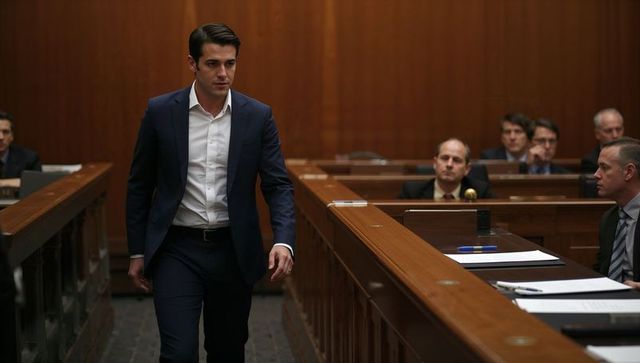 Young lawyer walking down courtroom aisle passing wooden railings during trial