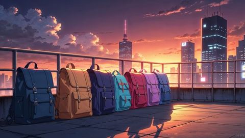 Colorful backpacks aligned on rooftop against urban skyline at sunset