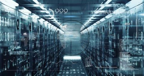 Futuristic data center corridor with holographic digital visualization