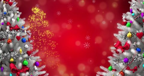 Festive Christmas Background with Snowy Trees and Ornaments