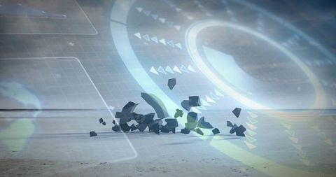 Shattering basalt cluster on salt flat with holographic hud ring and digital grid overlays