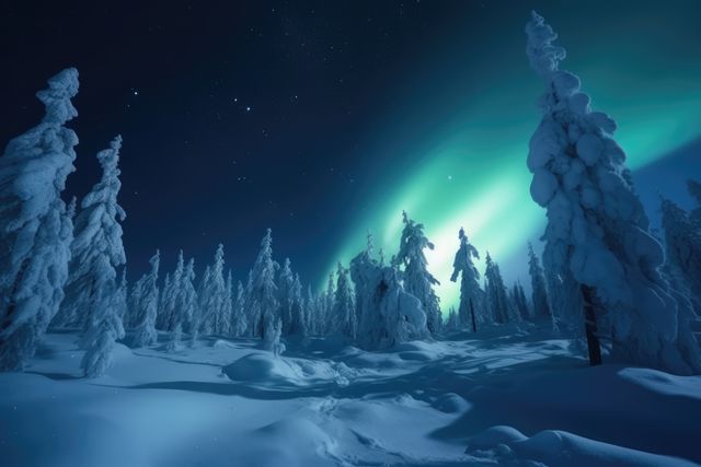 Captures magical northern lights illuminating snow-covered forest during night. Bright aurora borealis forms stunning contrast against dark sky filled with stars. Suitable for winter travel blogs, seasonal greeting cards, nature magazines, wallpaper designs, and educational materials showcasing natural phenomena.