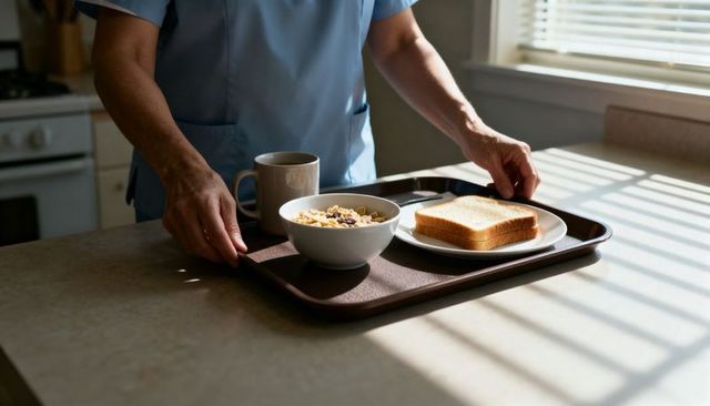 Caregiver serving breakfast tray with cereal, toast, coffee in sunlit kitchen