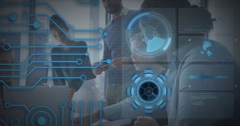 Tech Team Collaborating and Reviewing Holographic Interface with Digital Dashboard and Circuits