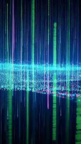 Streaming Digital Rain Cascading Over Dark Void with Neon Particle Band and Glowing Streaks