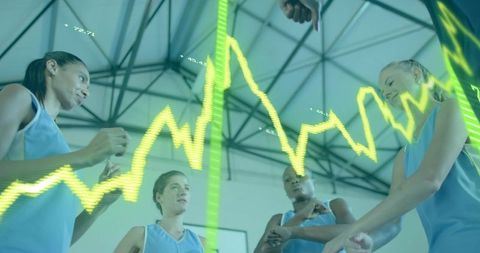 Huddling women basketball team analyzing performance metrics with neon data overlay