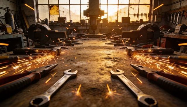 Sparks flying over metal workbench with wrenches and angle grinder in gritty backlit garage