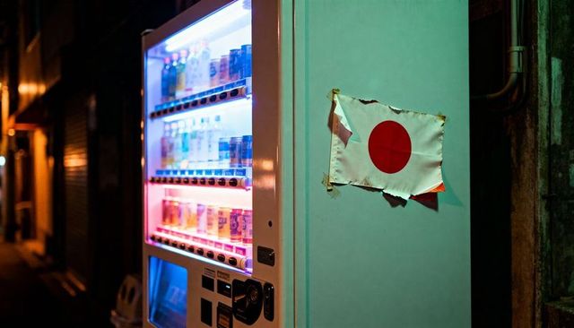 Neon-lit japanese vending machine casting cool blue-pink glow in moody urban alley at night