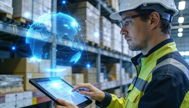 Warehouse worker monitoring global supply chain using tablet and augmented reality globe