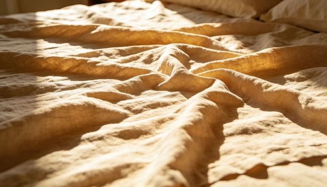 Sunlit rumpled mustard linen bedspread showing warm texture and soft natural folds