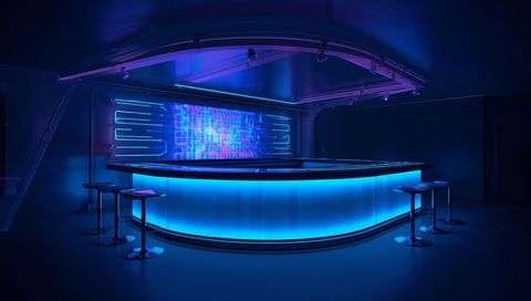 Futuristic neon u-shaped bar with blue led panels, curved display and chrome stools