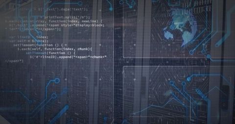 Data Center Server Racks with Futuristic Digital Overlays