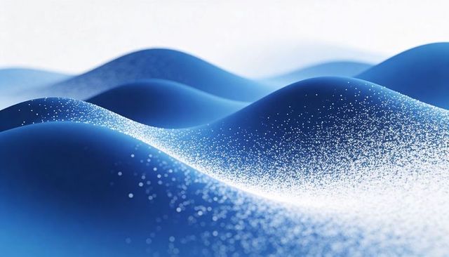 Flowing blue waves with sparkling particles creating serene abstract digital landscape