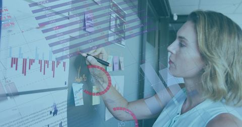 Businesswoman Analyzing Data on Glass Wall with Marker - Download Free Stock Images Pikwizard.com